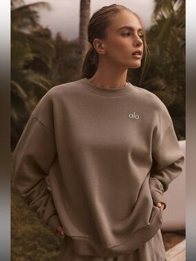 Alo Accolade Crew Neck Pullover Sweatshirt Gravel Taupe Size XXL